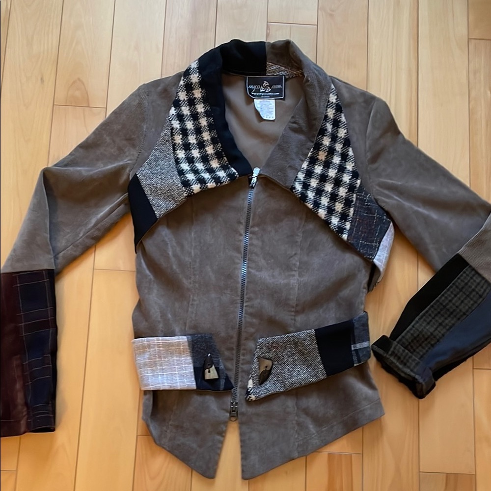 Myco Anna small grey tan Patchwork Jacket with Plaid Accents